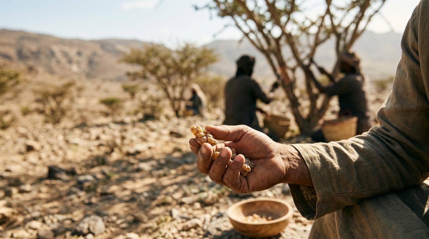 Ernte von Weihrauchharz in einer kargen Landschaft als Beispiel für Co-Impact Sourcing