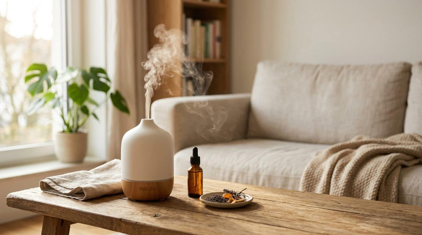 Diffuser mit aufsteigendem Duftnebel in einem hellen Wohnraum