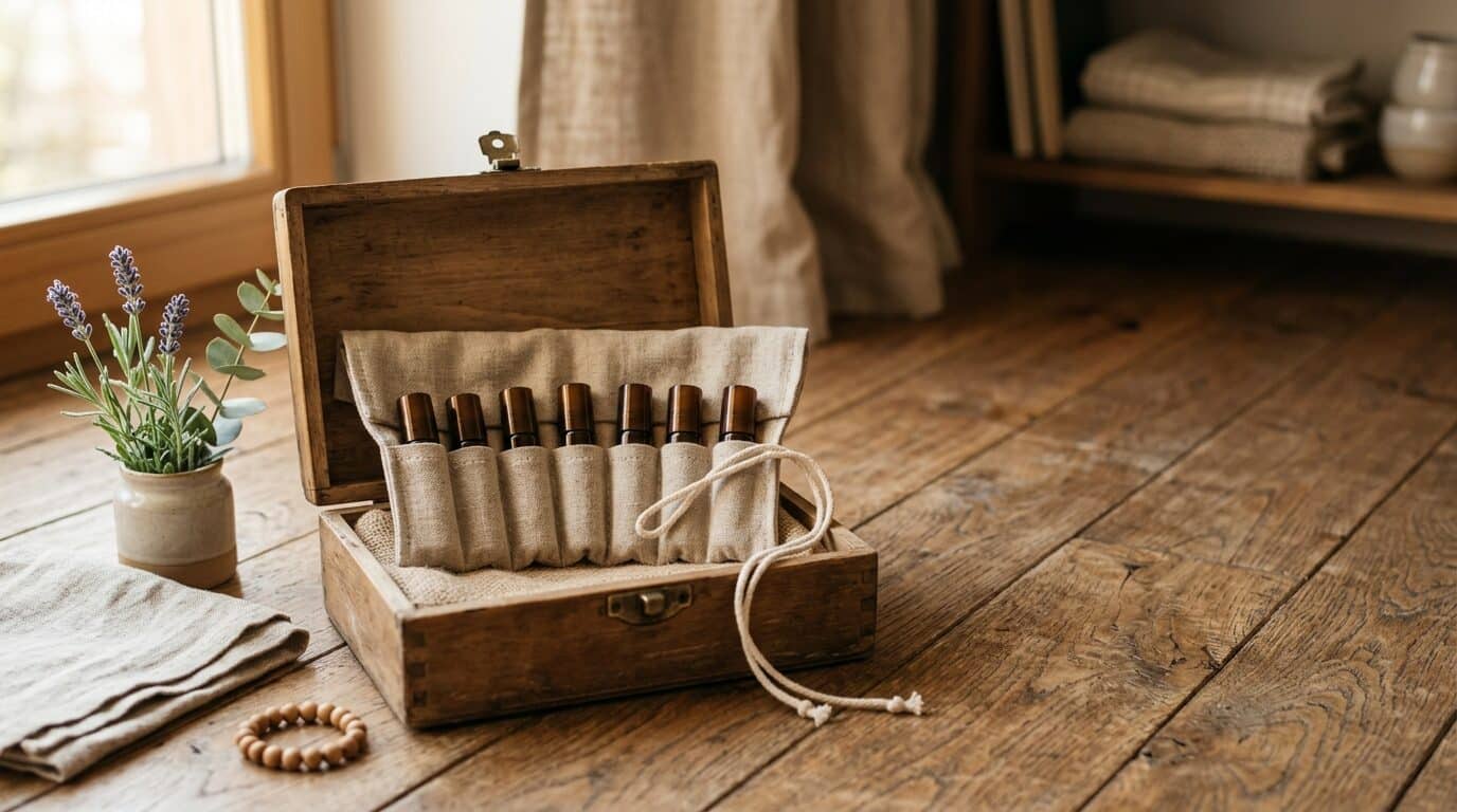 Kleine Reiseapotheke mit Roll-On-Fläschchen in einer Öletasche im Koffer