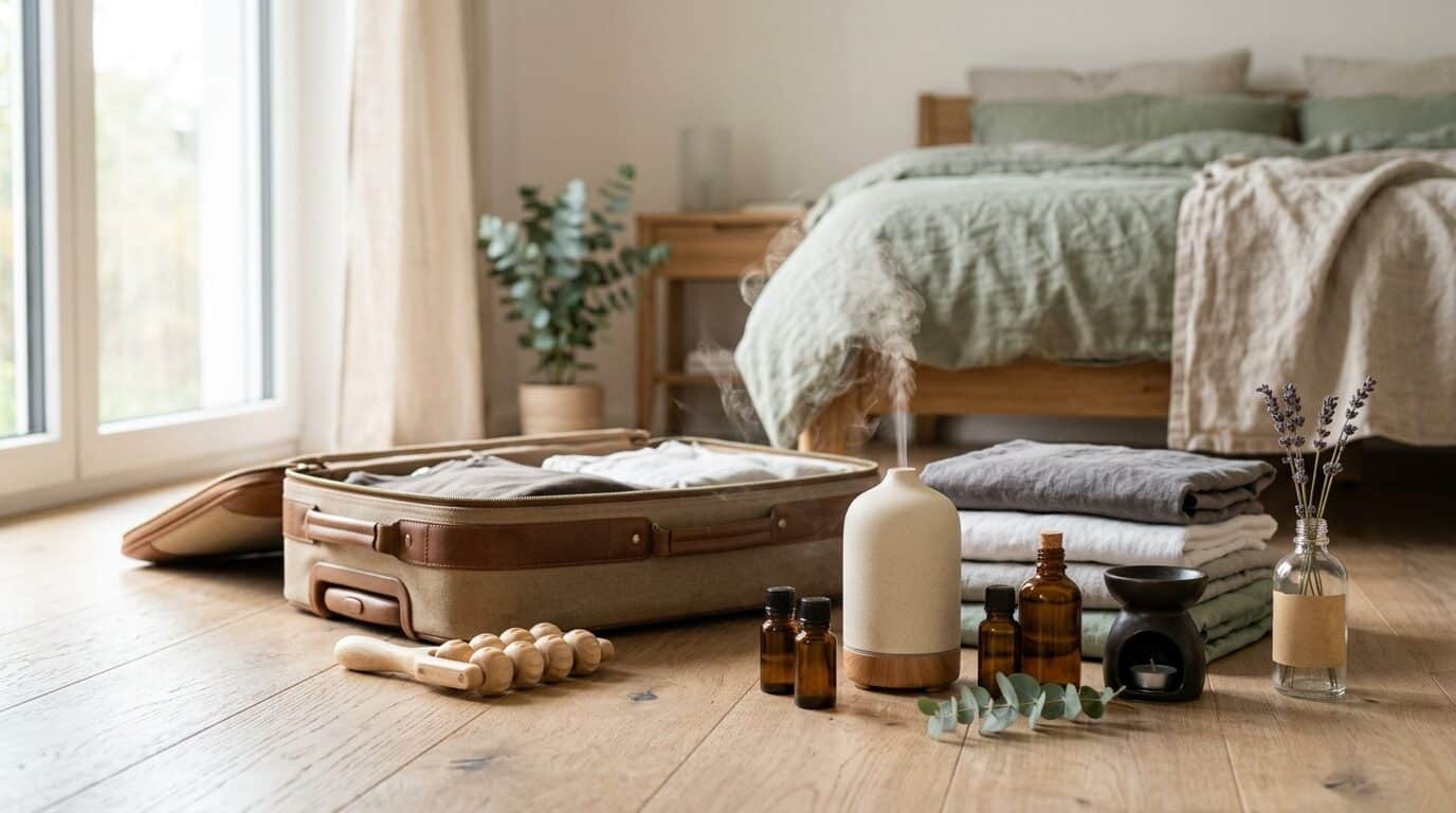 Halb ausgepackter Koffer mit Wäsche und Diffusor im warmen Licht