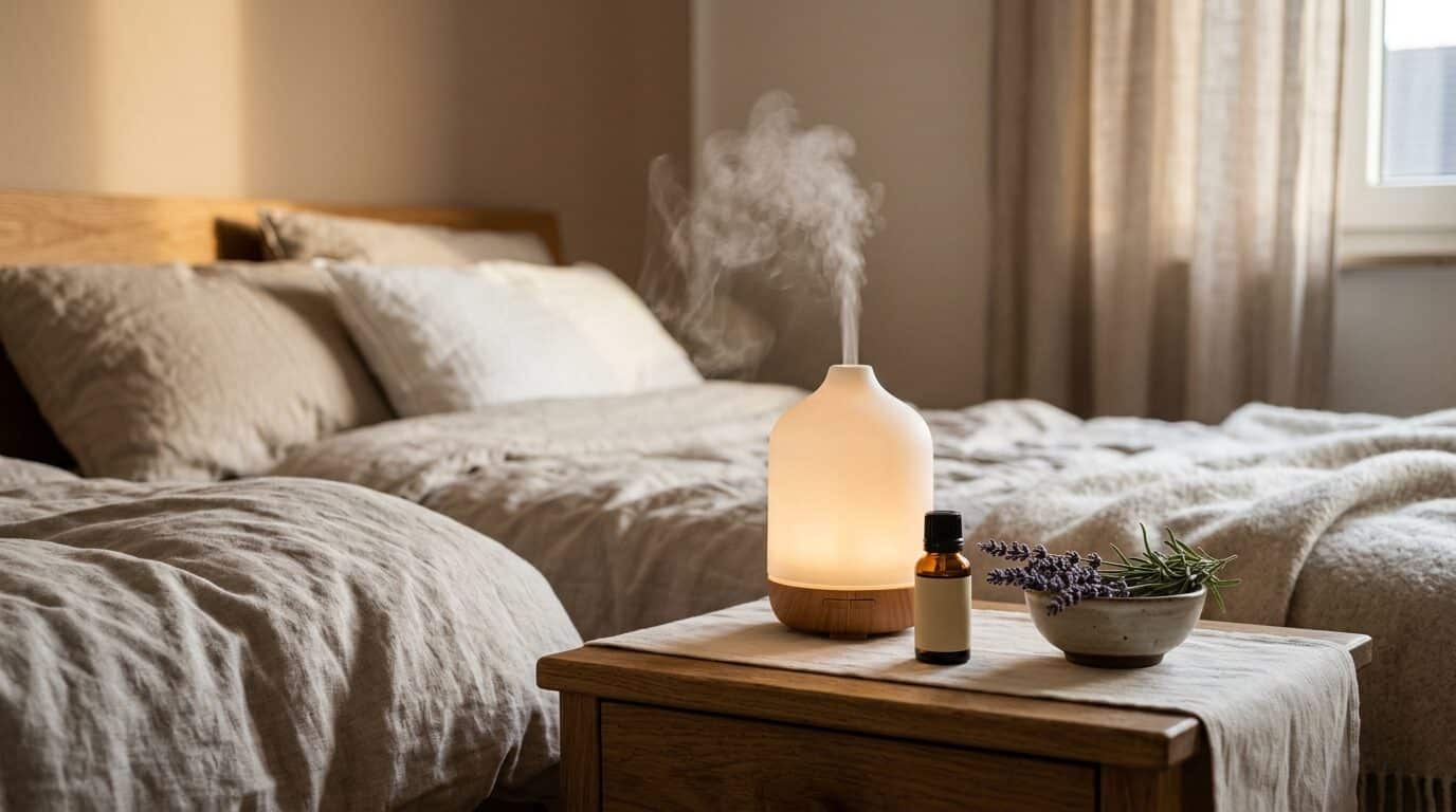 Diffusor mit Lavendel auf einem Nachttisch in ruhiger Abendatmosphäre