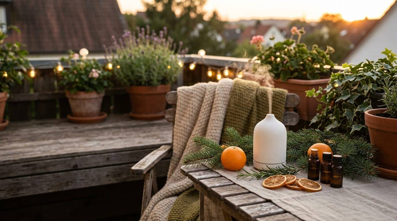 Balkon am Spätsommerabend mit Diffuser, Decke und warmem Licht