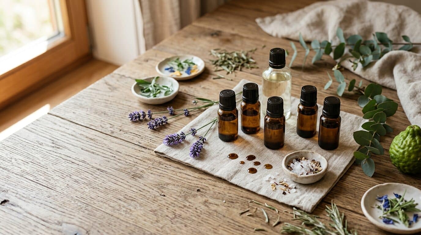 Trägeröl verdünnen mit fraktioniertem Kokosöl und ätherischen Ölen auf einem Holztisch