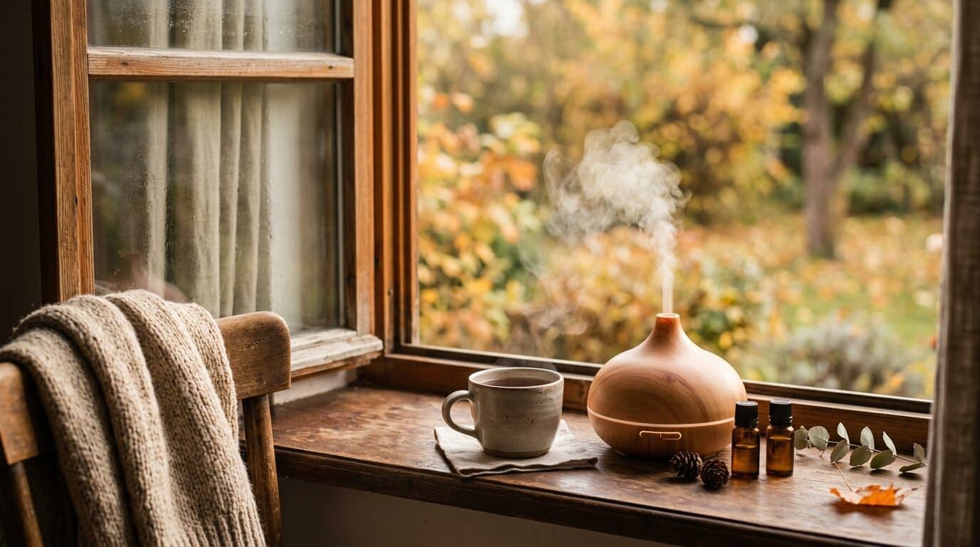 Diffuser und Teetasse an einem kühlen Herbstmorgen am Fenster