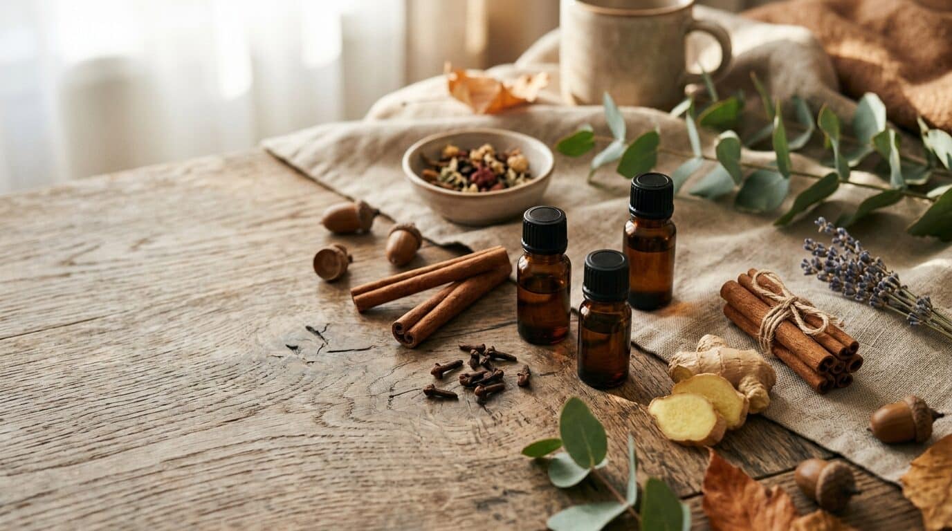 Ätherische Gewürzöle mit Zimtstangen und Nelken auf einem Holztisch im Herbstlicht