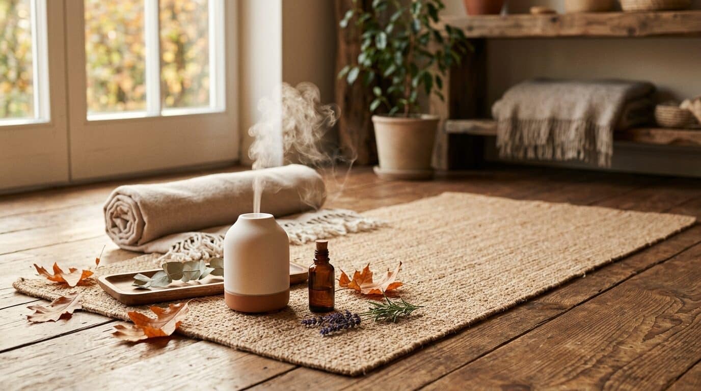 Yogamatte mit Diffuser im Herbstlicht als Symbol für ätherische Öle Yoga