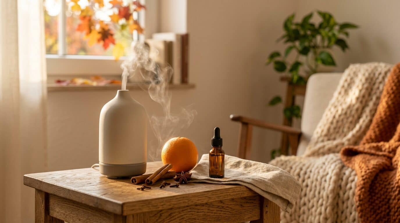Diffusor mit Zimt und Orange im warmen Herbstlicht am Nachmittag