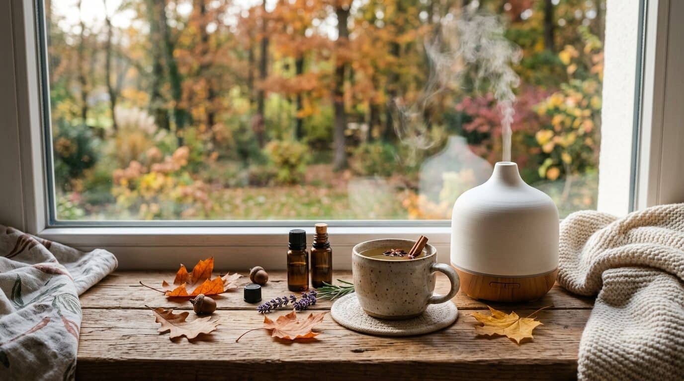 Diffuser mit ätherischen Ölen für Gleichgewicht im Herbst auf einem Holztisch