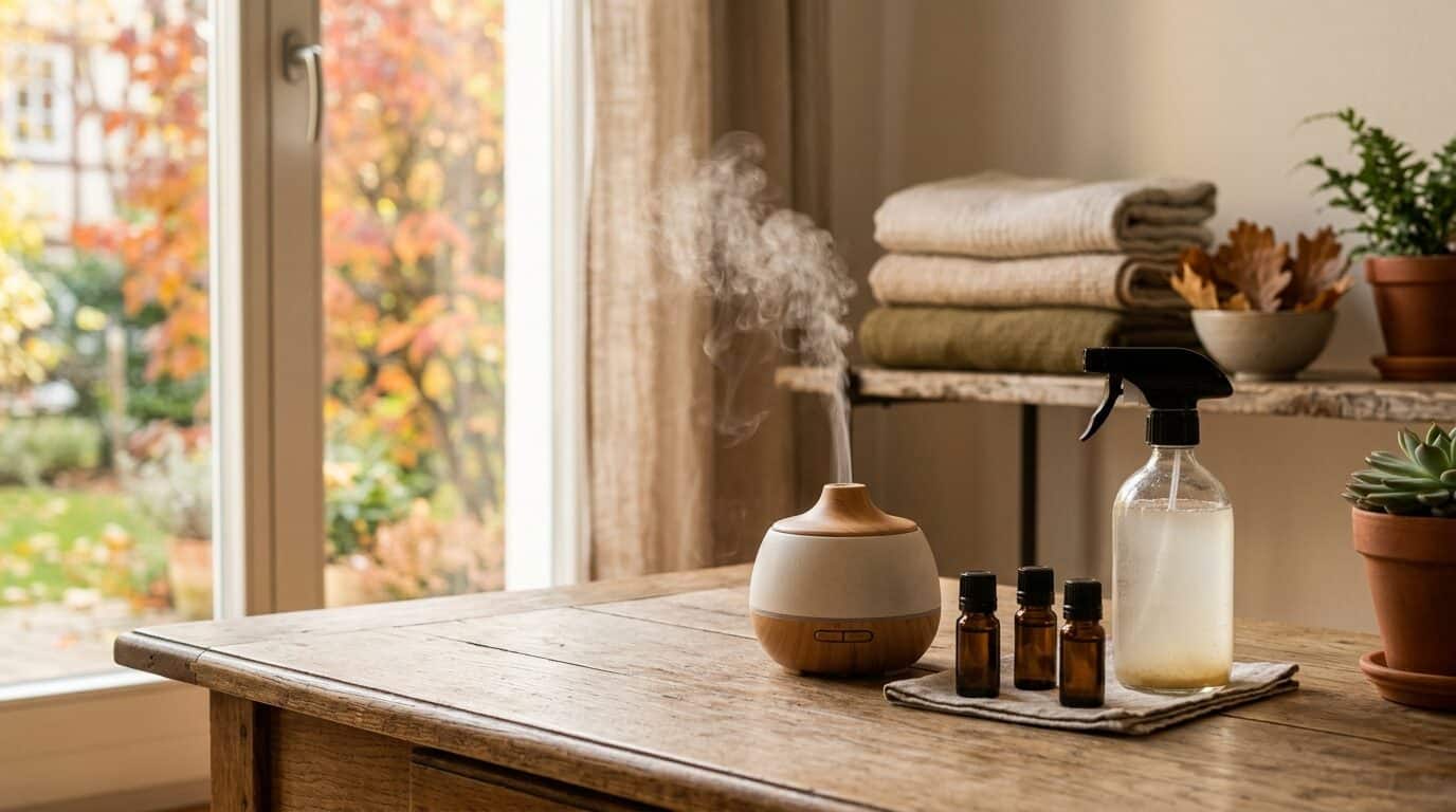 Diffuser und selbstgemachter Reiniger mit ätherischen Ölen für den Herbstputz