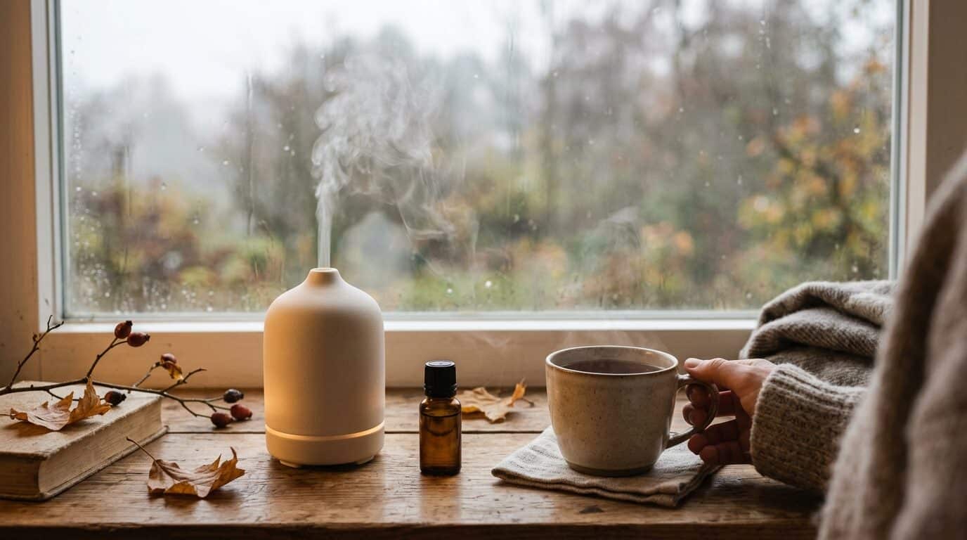 Diffusor mit Duftnebel vor einem nebligen Herbstmorgen am Fenster