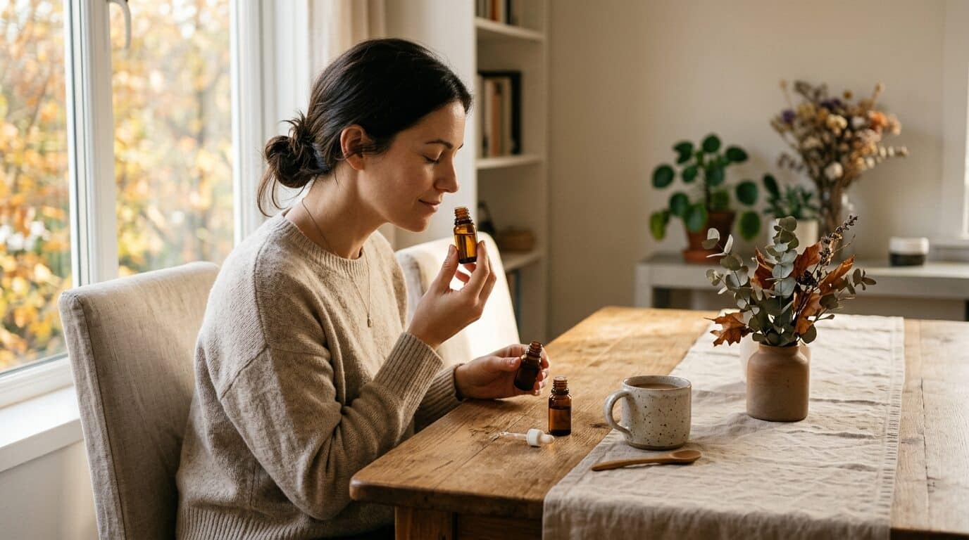 Frau genießt ein kurzes Duft-Ritual mit ätherischem Öl während einer zehnminütigen Pause