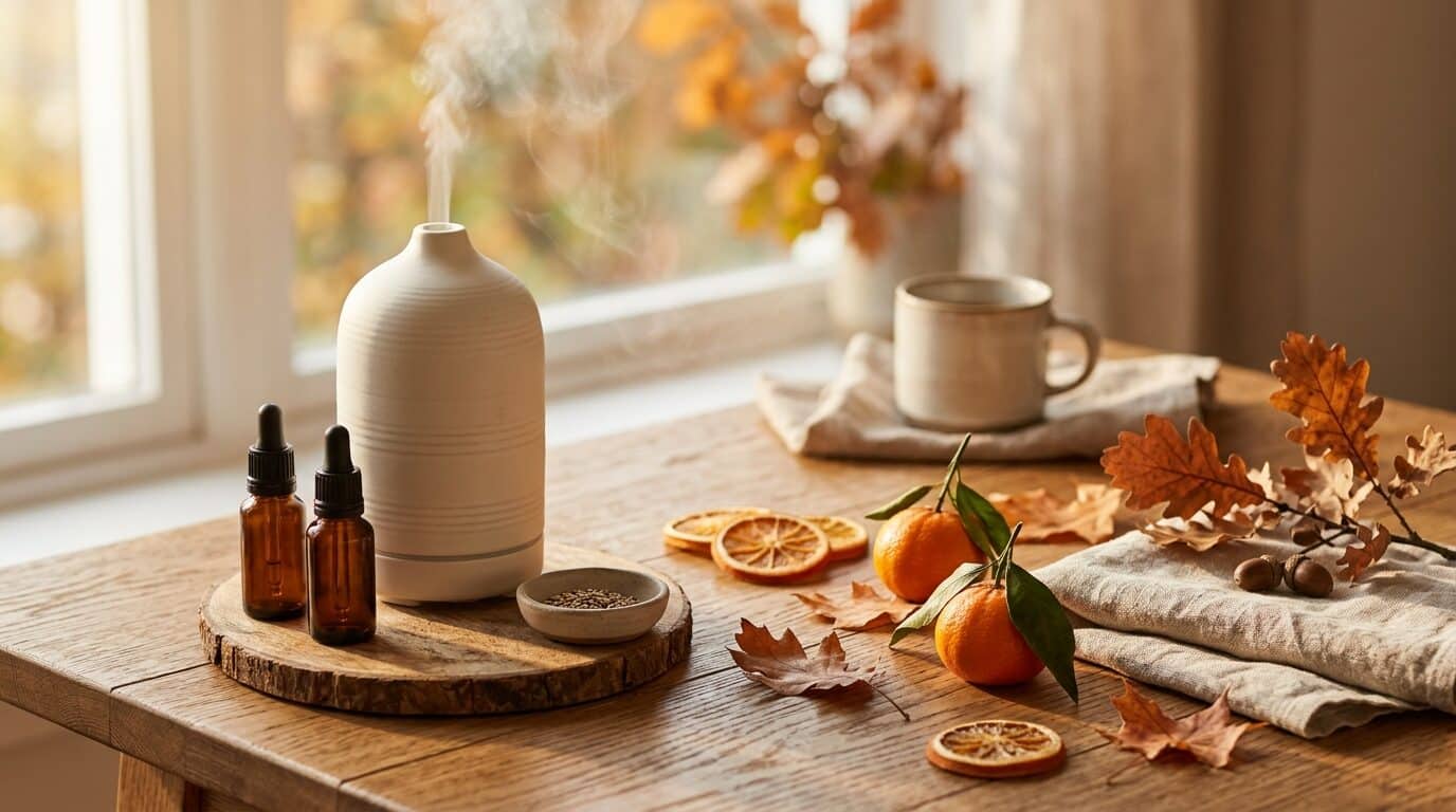 Diffusor mit Zitrusfrüchten und Herbstblättern auf Holztisch