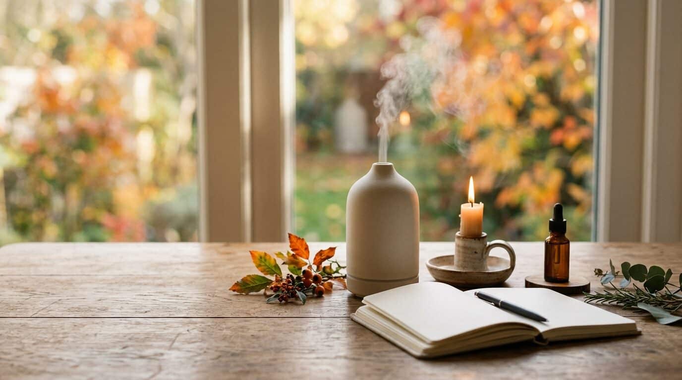 Dankbarkeitsritual mit ätherischen Ölen und Notizbuch im Herbstlicht
