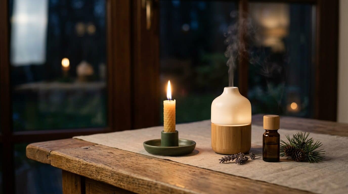 Kerzenlicht und Diffusor auf einem Holztisch als Sinnbild für Düfte für die Adventszeit