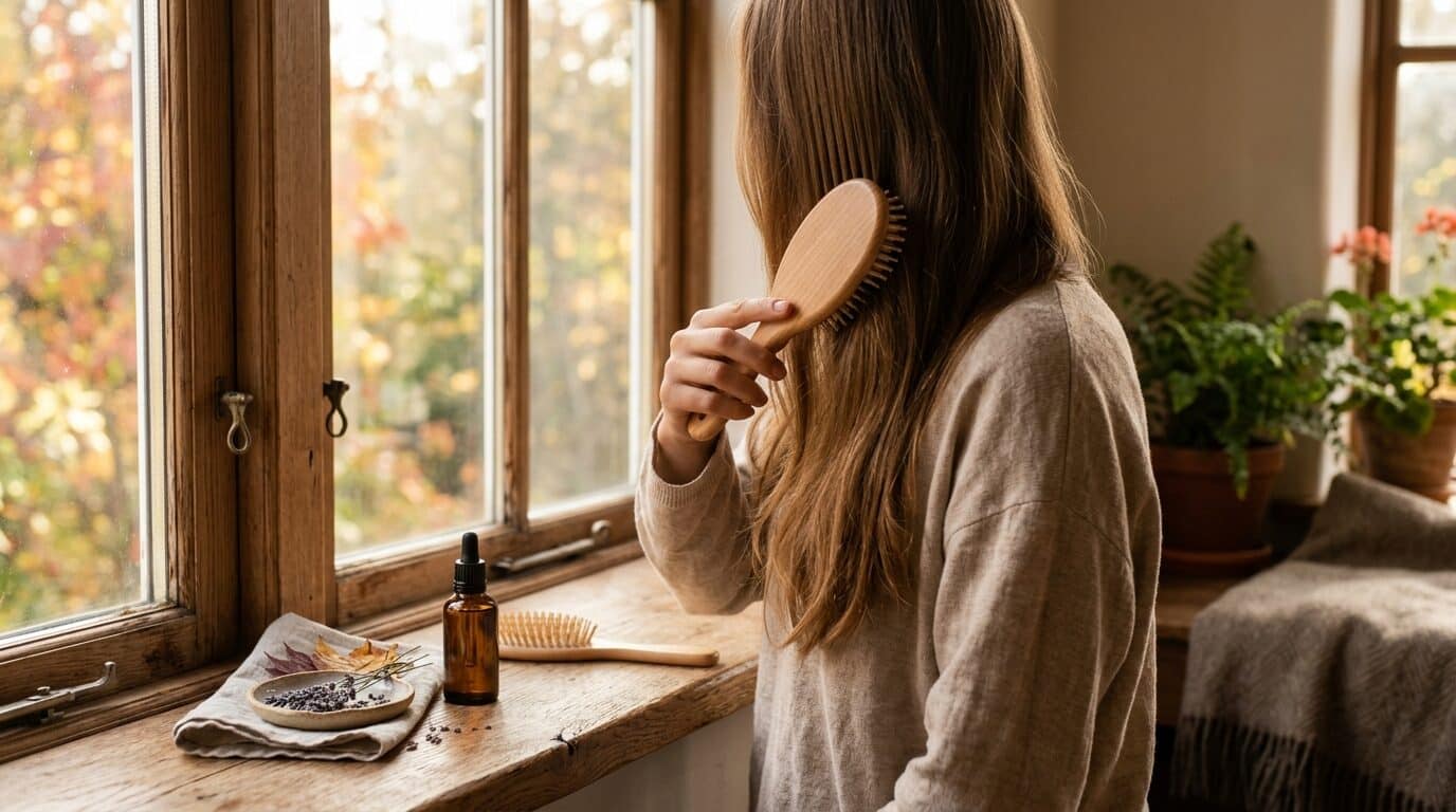 Haarpflege im Herbst mit ätherischem Öl und Bürste am Fenster