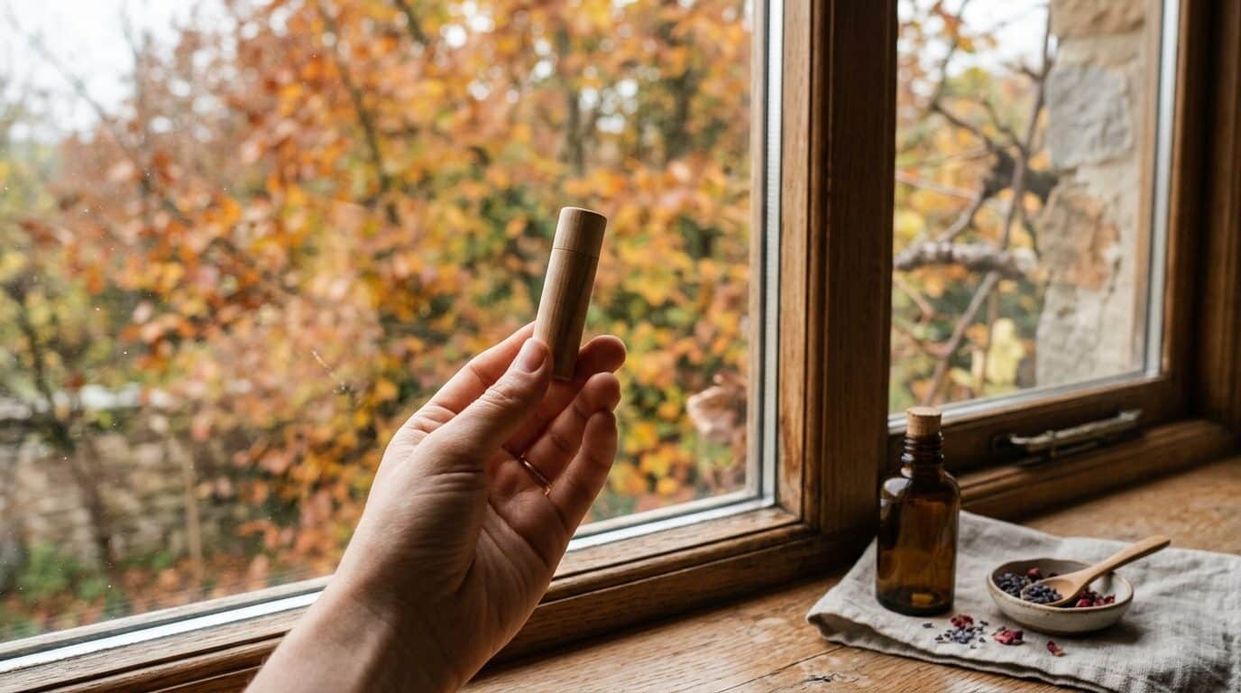 Lippenpflege im Herbst mit kleinem Balsam vor herbstlichem Fenster