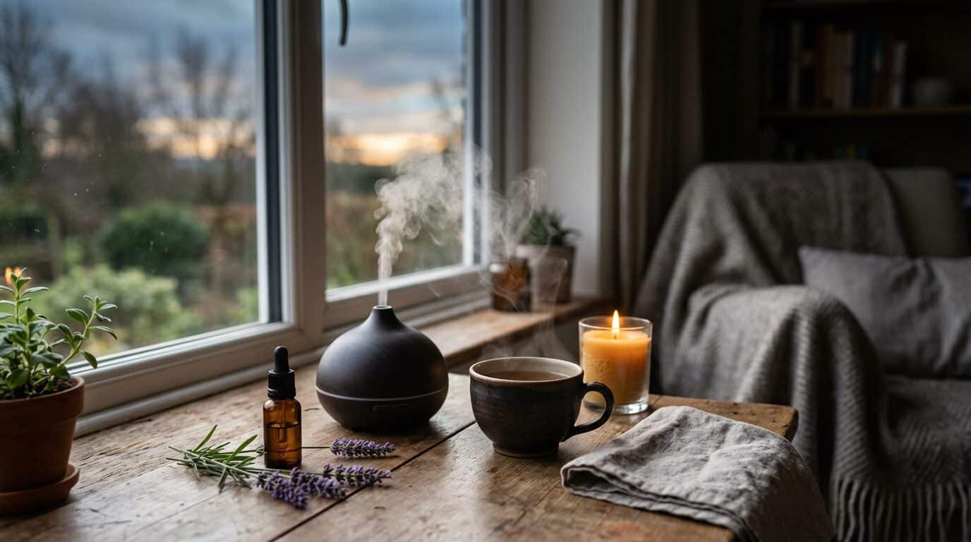 Ruhige Morgenszene mit Diffuser und Tee als Ritual gegen Winterblues