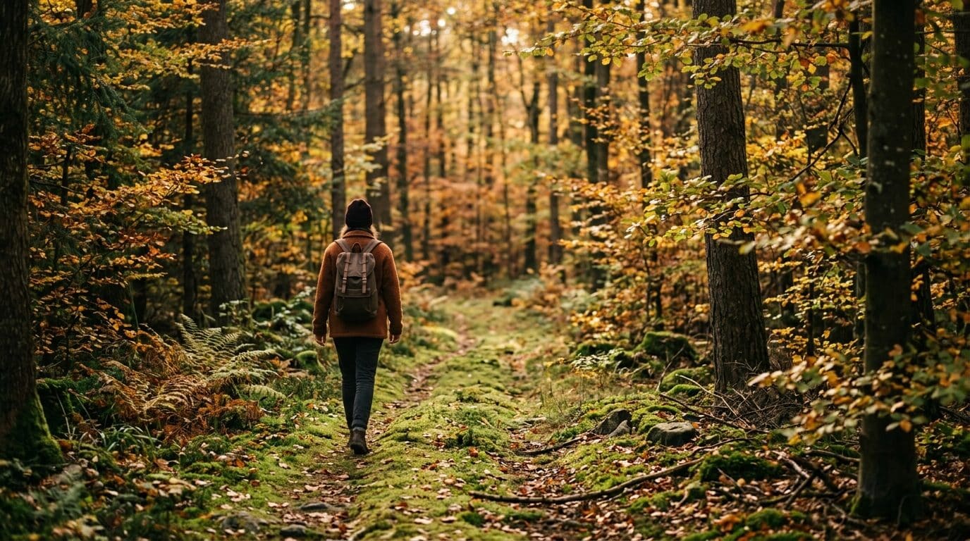 Waldspaziergang im Herbst zwischen bunten Blättern und Nadelbäumen