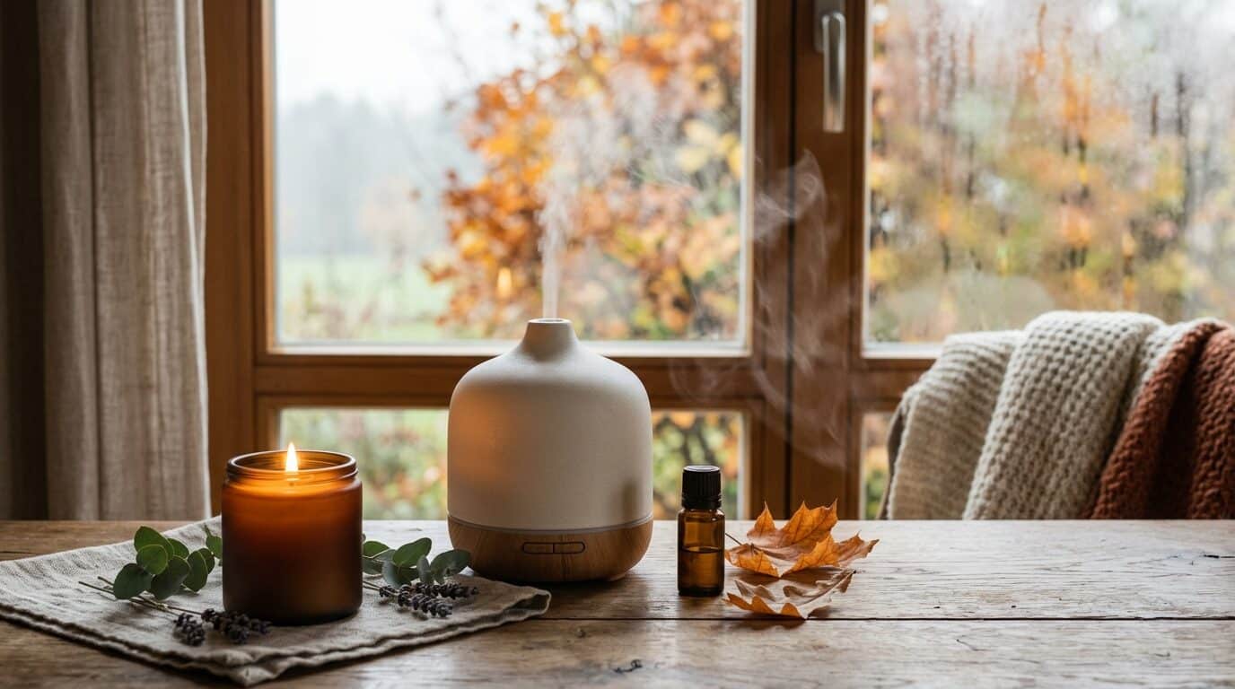 Diffuser mit ätherischen Ölen auf einem Tisch an einem grauen Herbstmorgen zur Zeitumstellung